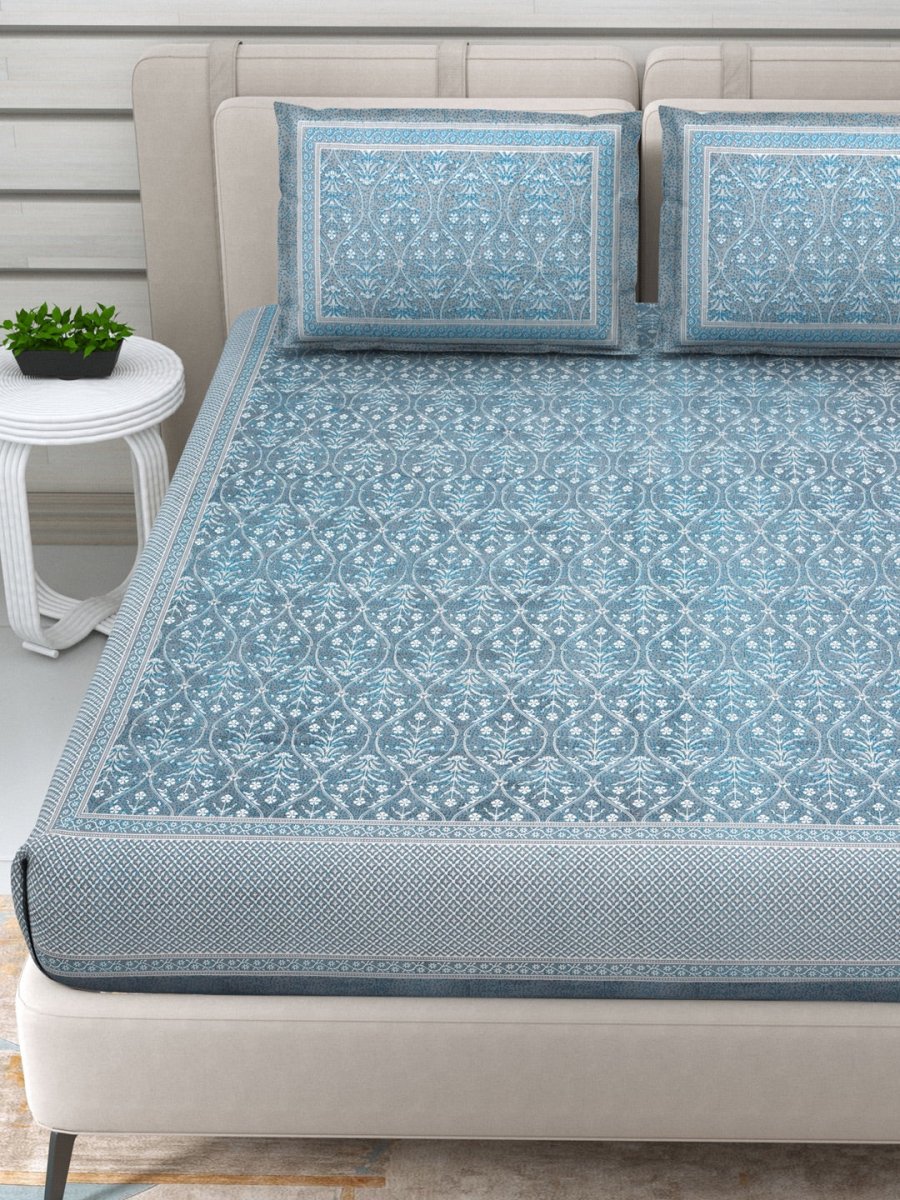 Jaipuri Hand Printed Queen Size Cotton Light Blue Bedding Set | Verified Sustainable by Brown Living™