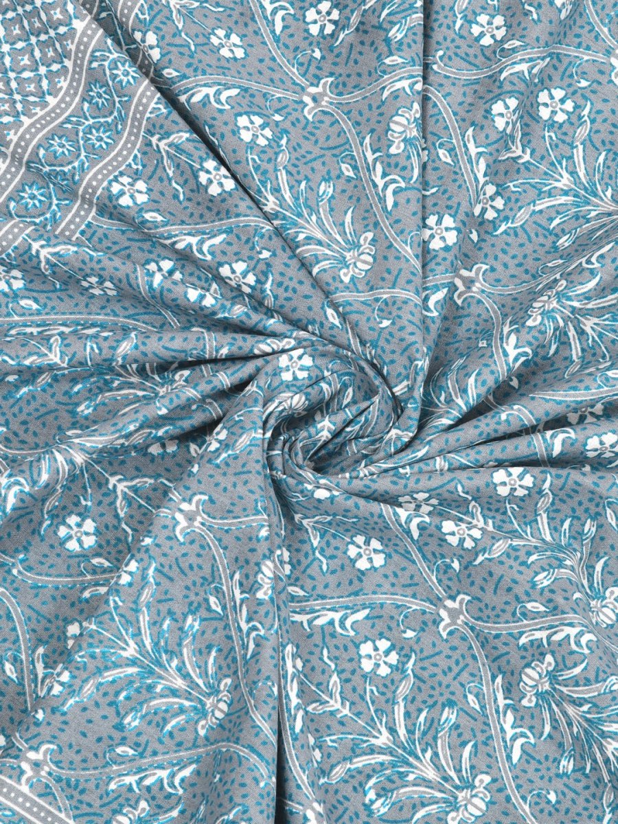 Jaipuri Hand Printed Queen Size Cotton Light Blue Bedding Set | Verified Sustainable by Brown Living™