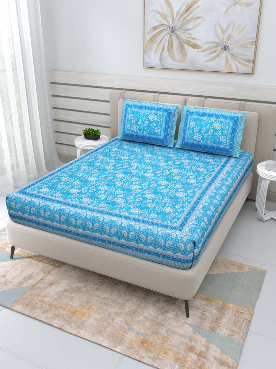 Jaipuri Hand Printed Queen Size Cotton Blue Bedding Set | Verified Sustainable by Brown Living™