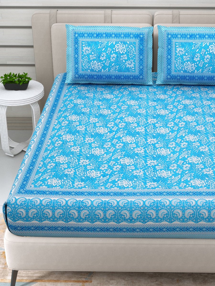 Jaipuri Hand Printed Queen Size Cotton Blue Bedding Set | Verified Sustainable by Brown Living™