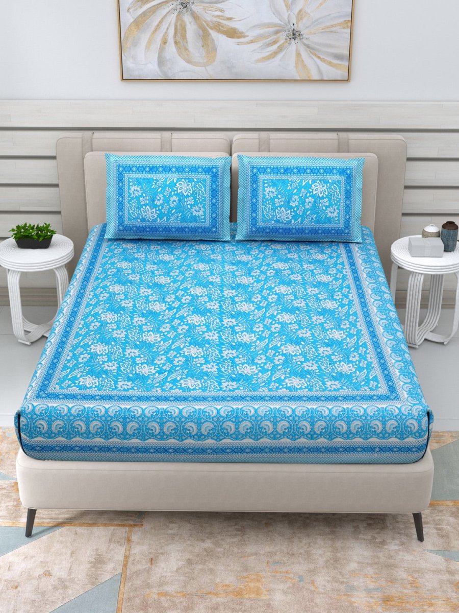 Jaipuri Hand Printed Queen Size Cotton Blue Bedding Set | Verified Sustainable by Brown Living™