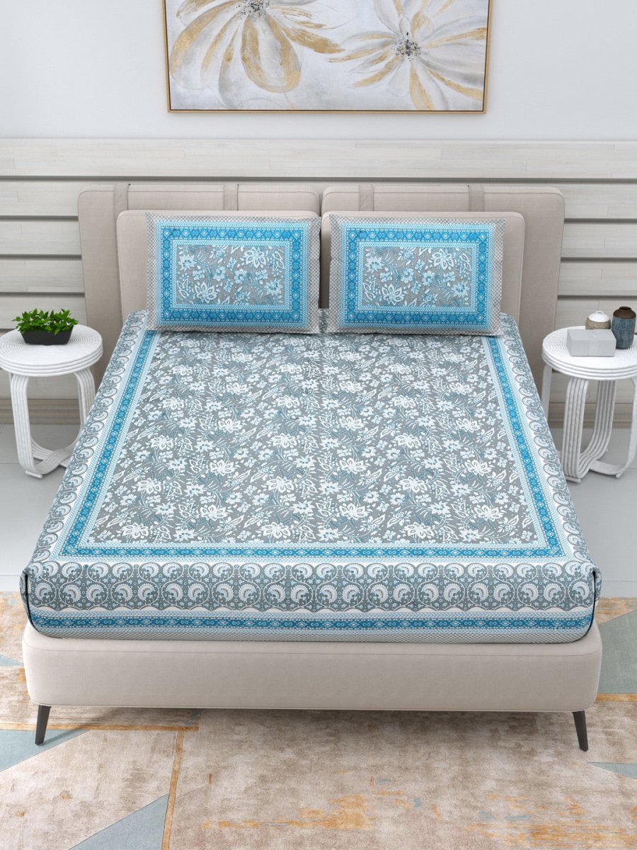 Jaipuri Hand Printed Queen Size Cotton Blue Bedding Set | Verified Sustainable by Brown Living™