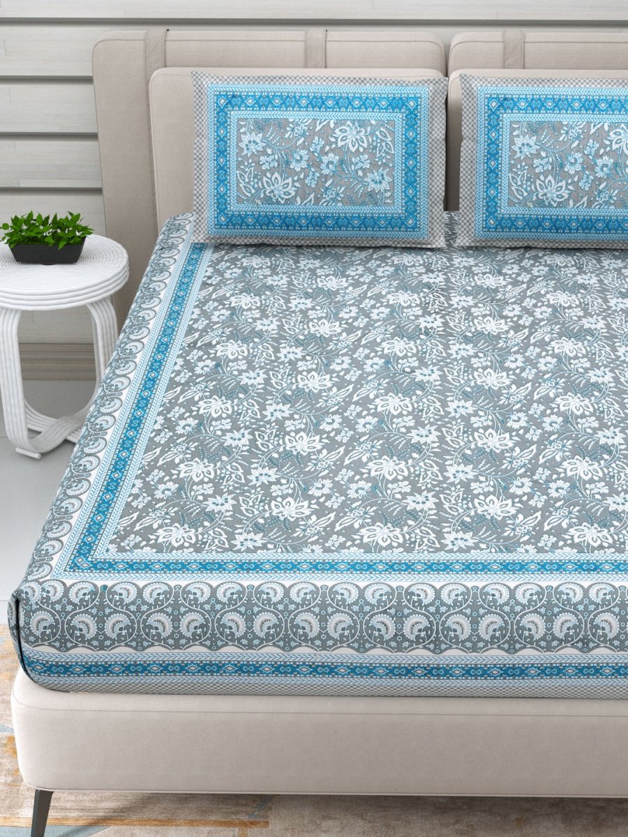 Jaipuri Hand Printed Queen Size Cotton Blue Bedding Set | Verified Sustainable by Brown Living™