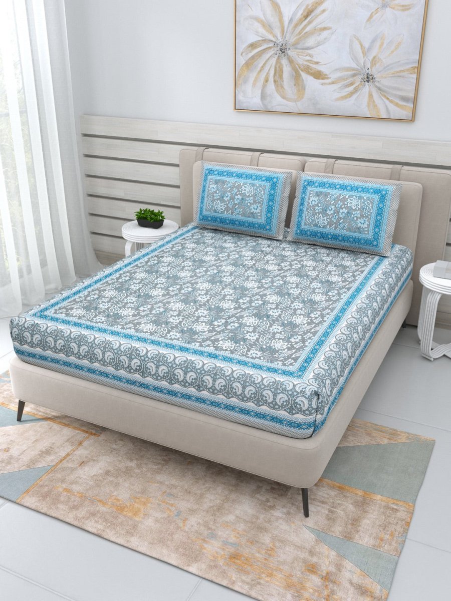Jaipuri Hand Printed Queen Size Cotton Blue Bedding Set | Verified Sustainable by Brown Living™