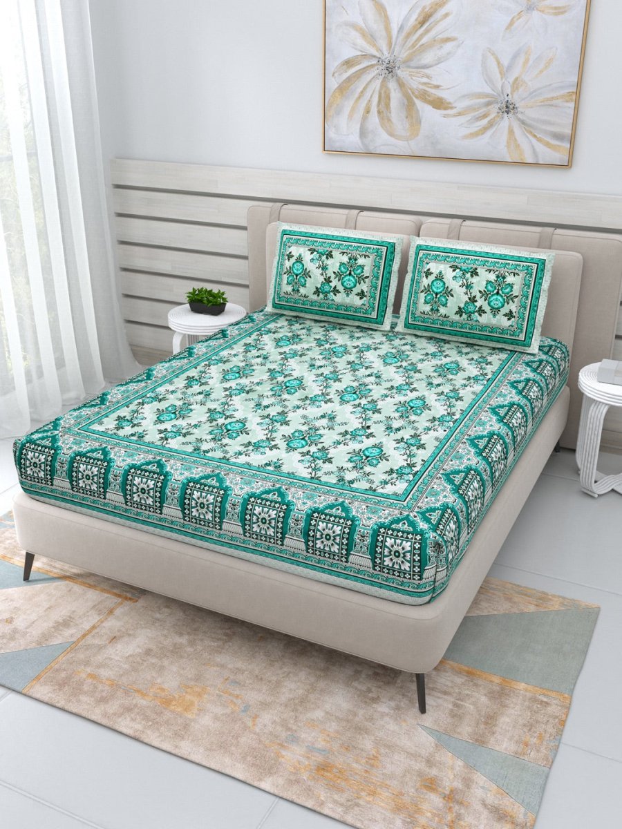Jaipuri Hand Printed Queen Size Cotton Bedding Set - Green – Bed Linens by Patricko available on Brown Living™. . SKU: PP - 659. Img 1.