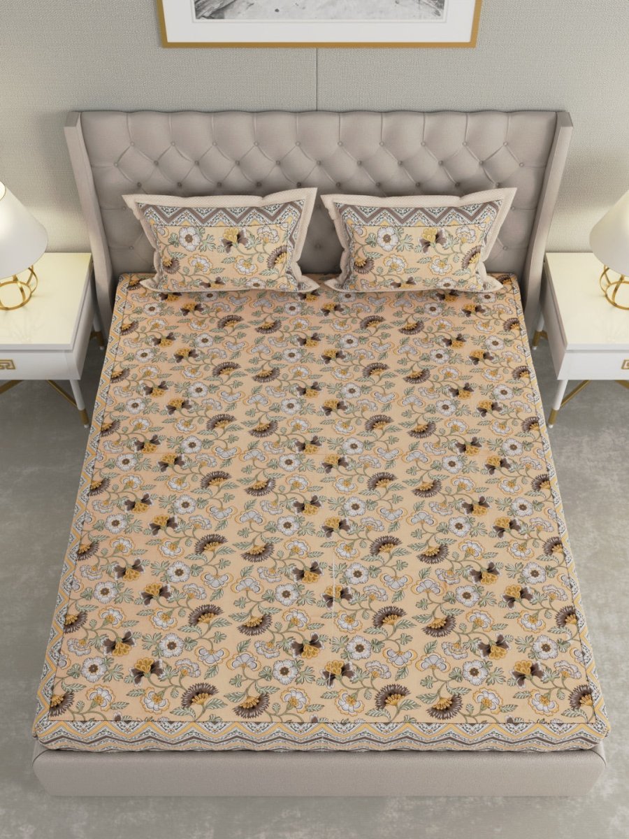 Jaipuri Print King Size Pure Cotton Bedsheet with Pillow Covers – Bed Linens by Patricko available on Brown Living™. . SKU: WM_199_Cream. Img 5.