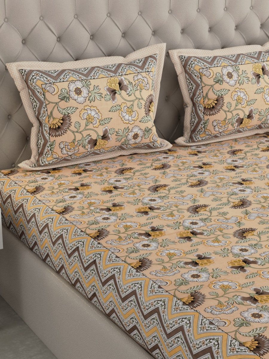 Jaipuri Print King Size Pure Cotton Bedsheet with Pillow Covers – Bed Linens by Patricko available on Brown Living™. . SKU: WM_199_Cream. Img 2.