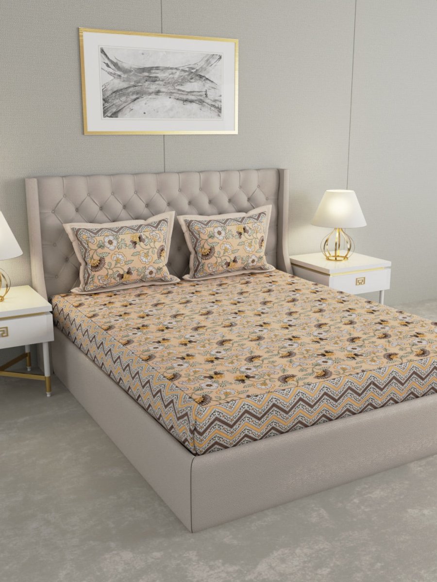 Jaipuri Print King Size Pure Cotton Bedsheet with Pillow Covers – Bed Linens by Patricko available on Brown Living™. . SKU: WM_199_Cream. Img 4.