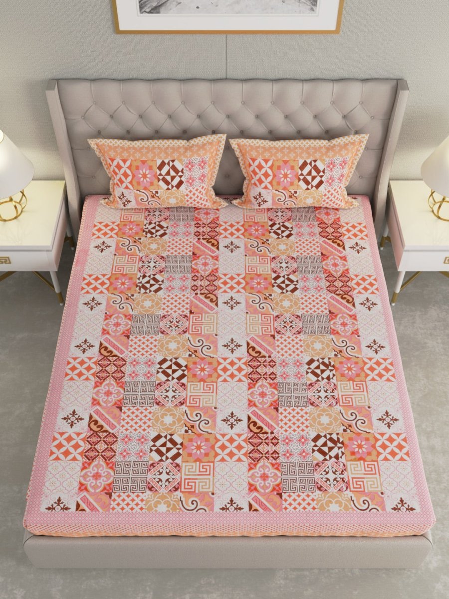 Jaipuri Print King Size 330 TC Pure Cotton Bedsheet with Pillow Covers - Orange | Verified Sustainable by Brown Living™