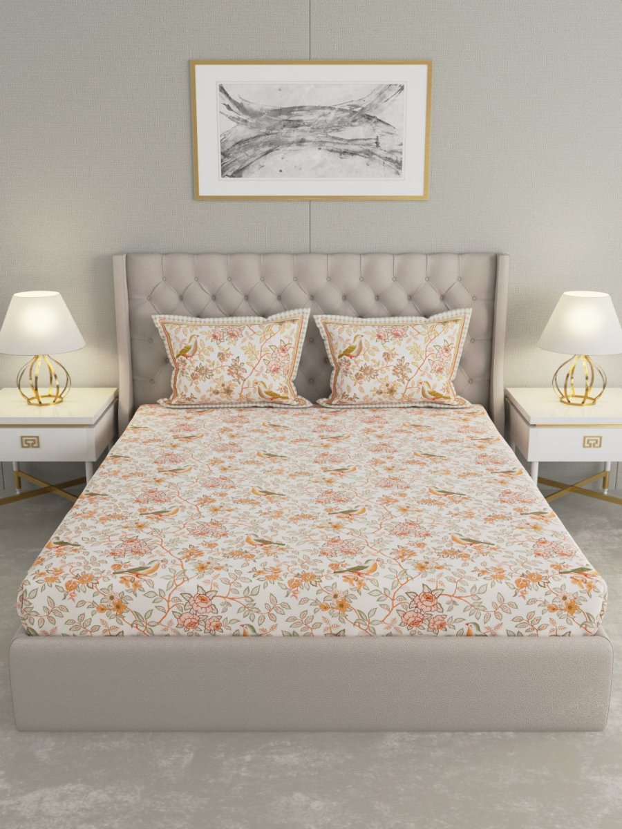 Jaipuri Print King Size 330 TC Pure Cotton Bedsheet with Pillow Covers - Orange | Verified Sustainable by Brown Living™
