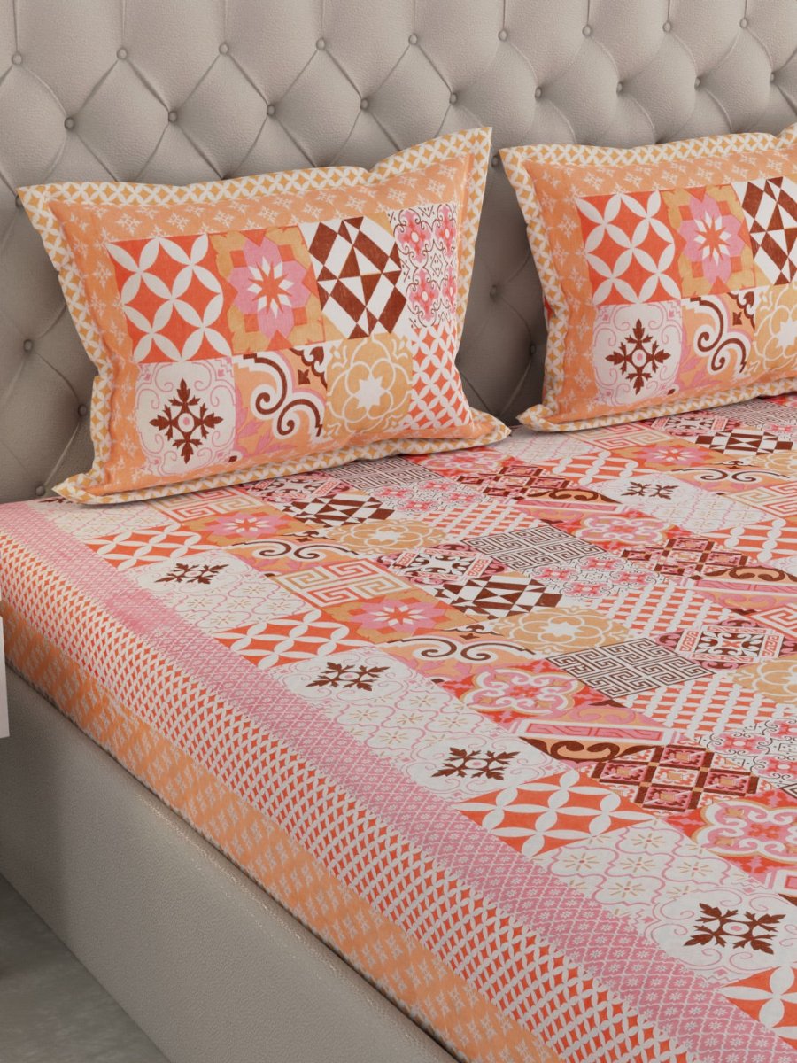 Jaipuri Print King Size 330 TC Pure Cotton Bedsheet with Pillow Covers - Orange | Verified Sustainable by Brown Living™
