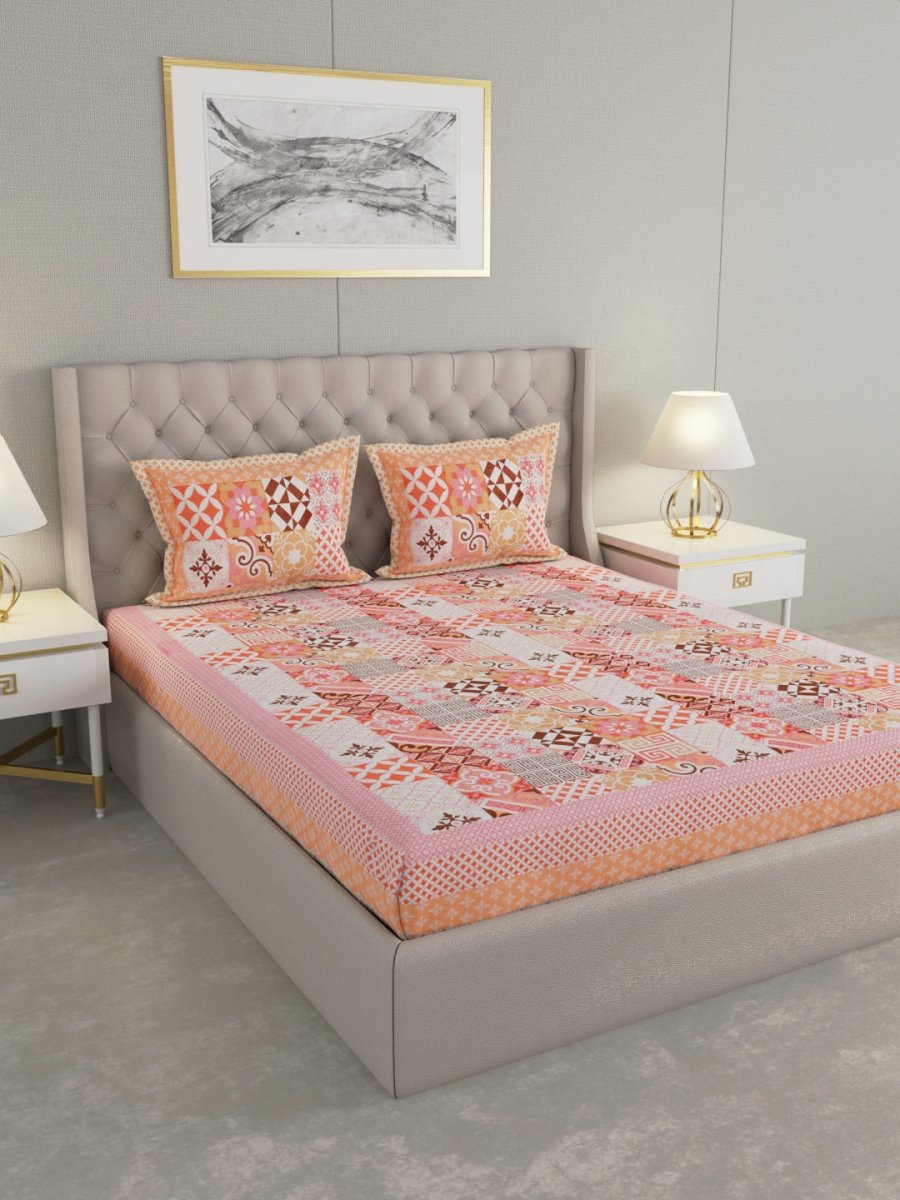 Jaipuri Print King Size 330 TC Pure Cotton Bedsheet with Pillow Covers - Orange | Verified Sustainable by Brown Living™
