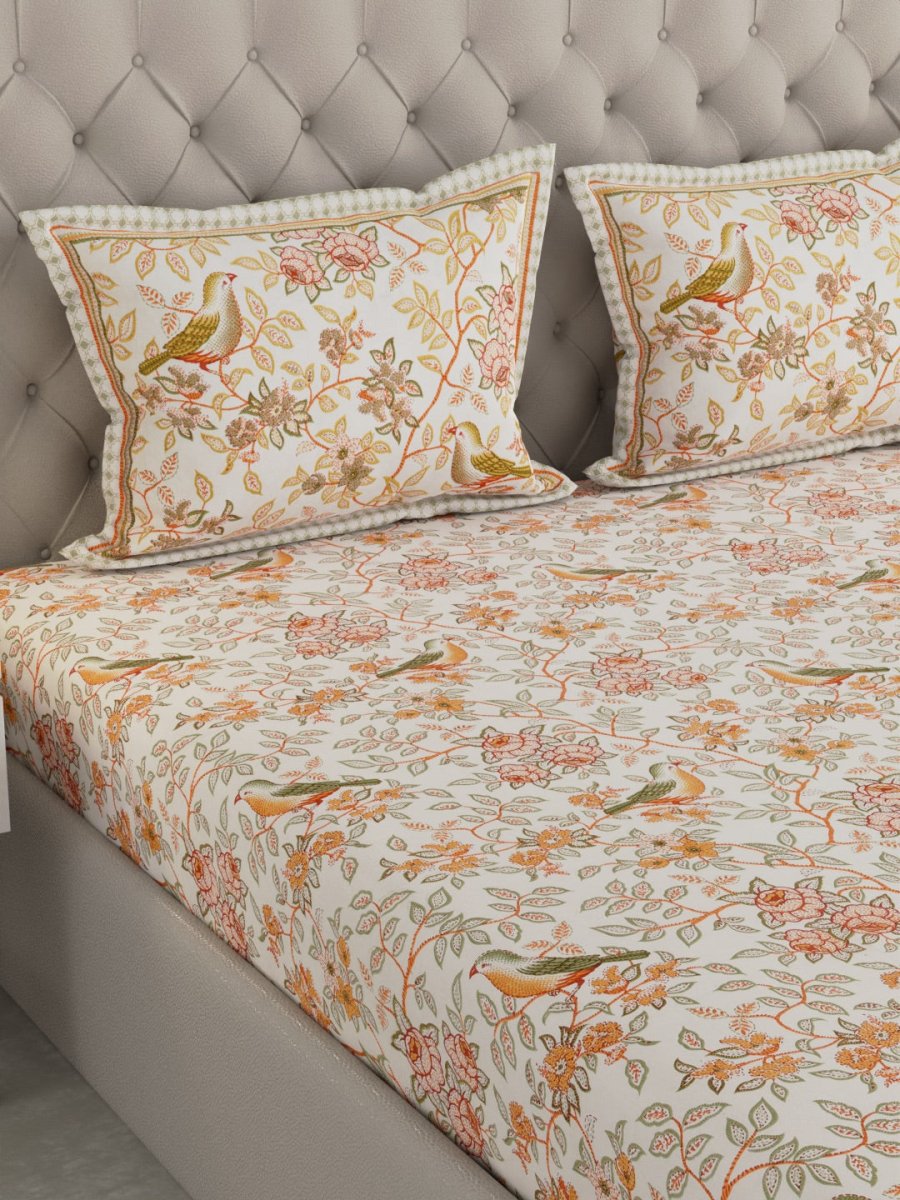Jaipuri Print King Size 330 TC Pure Cotton Bedsheet with Pillow Covers - Orange | Verified Sustainable by Brown Living™