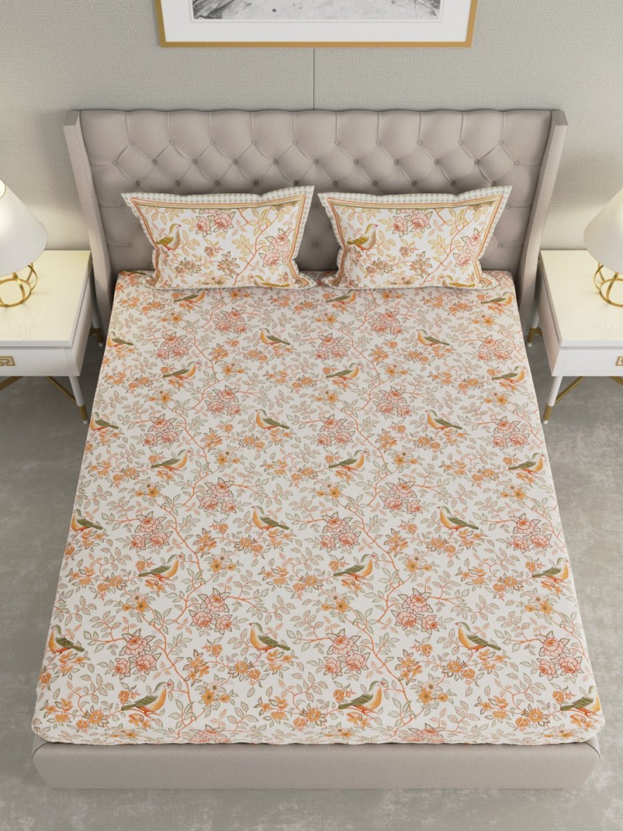 Jaipuri Print King Size 330 TC Pure Cotton Bedsheet with Pillow Covers - Orange | Verified Sustainable by Brown Living™