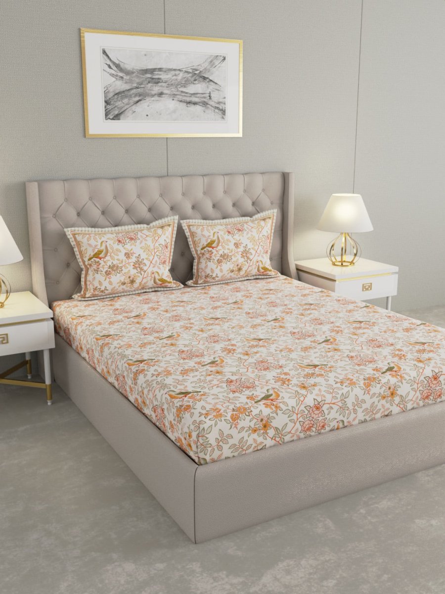 Jaipuri Print King Size 330 TC Pure Cotton Bedsheet with Pillow Covers - Orange | Verified Sustainable by Brown Living™