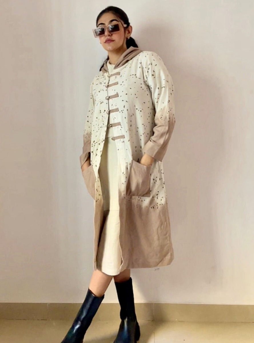 Handloom Cotton Shrug Natural Dye & Eco Printed with Flower Petals – Womens Jacket on Brown Living™. SKU: pH109_24BL8452. Img 1.