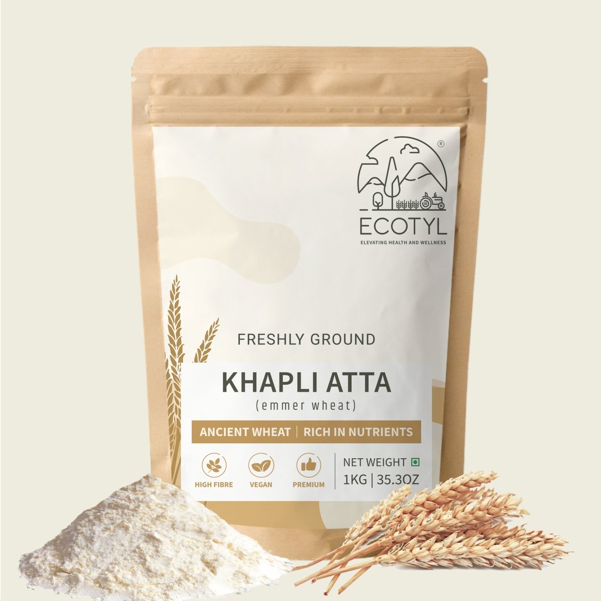 Khapli Atta | Emmer Wheat | Low Gluten | 1kg – Cooking & Baking Supplies on Brown Living™. SKU: ECOTYL00006. Img 1.