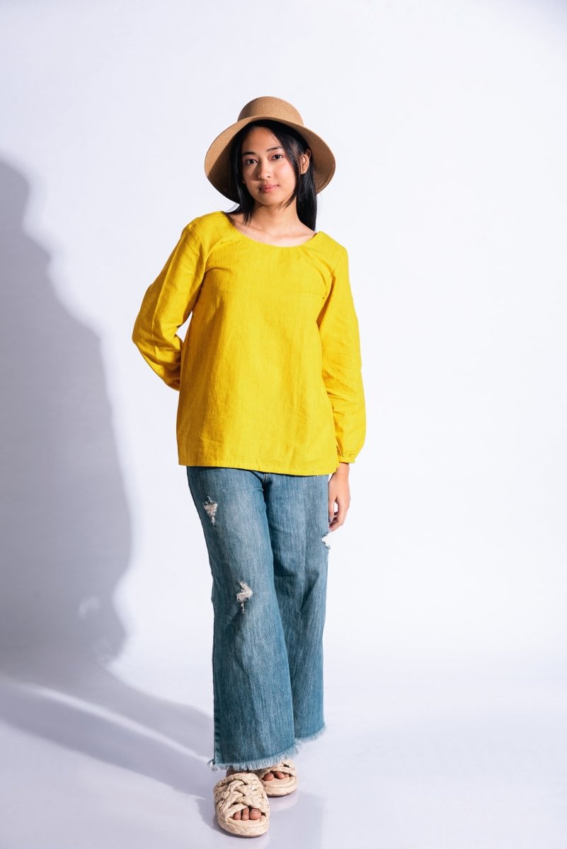 Knot Me Up | Yarn Dyed 100% Cotton | Mustard Yellow Deep Back Top with Bow – Womens Top on Brown Living™. SKU: UKU - XS. Img 1.