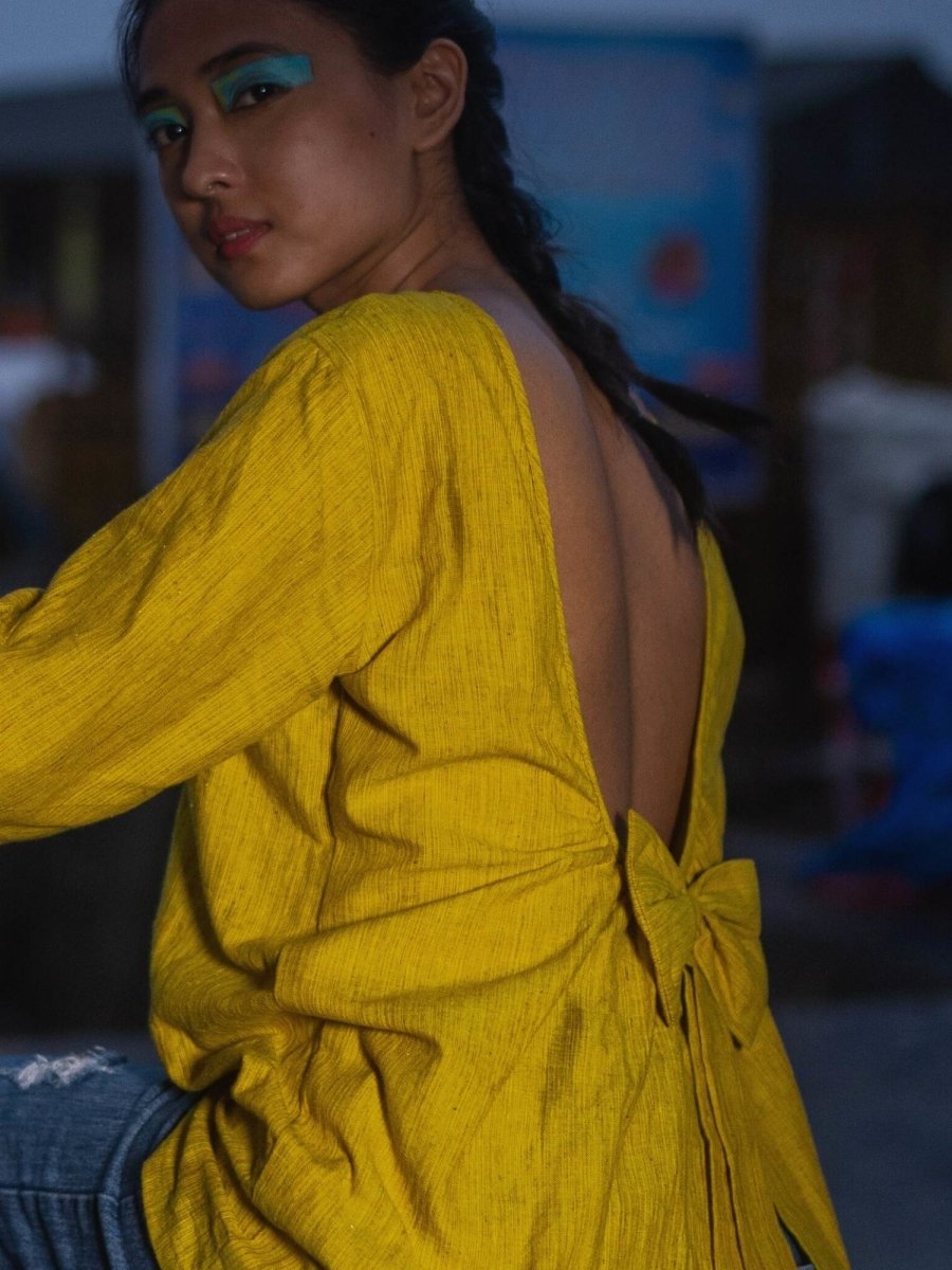 Knot Me Up | Yarn Dyed 100% Cotton | Mustard Yellow Deep Back Top with Bow – Womens Top on Brown Living™. SKU: UKU - XS. Img 7.