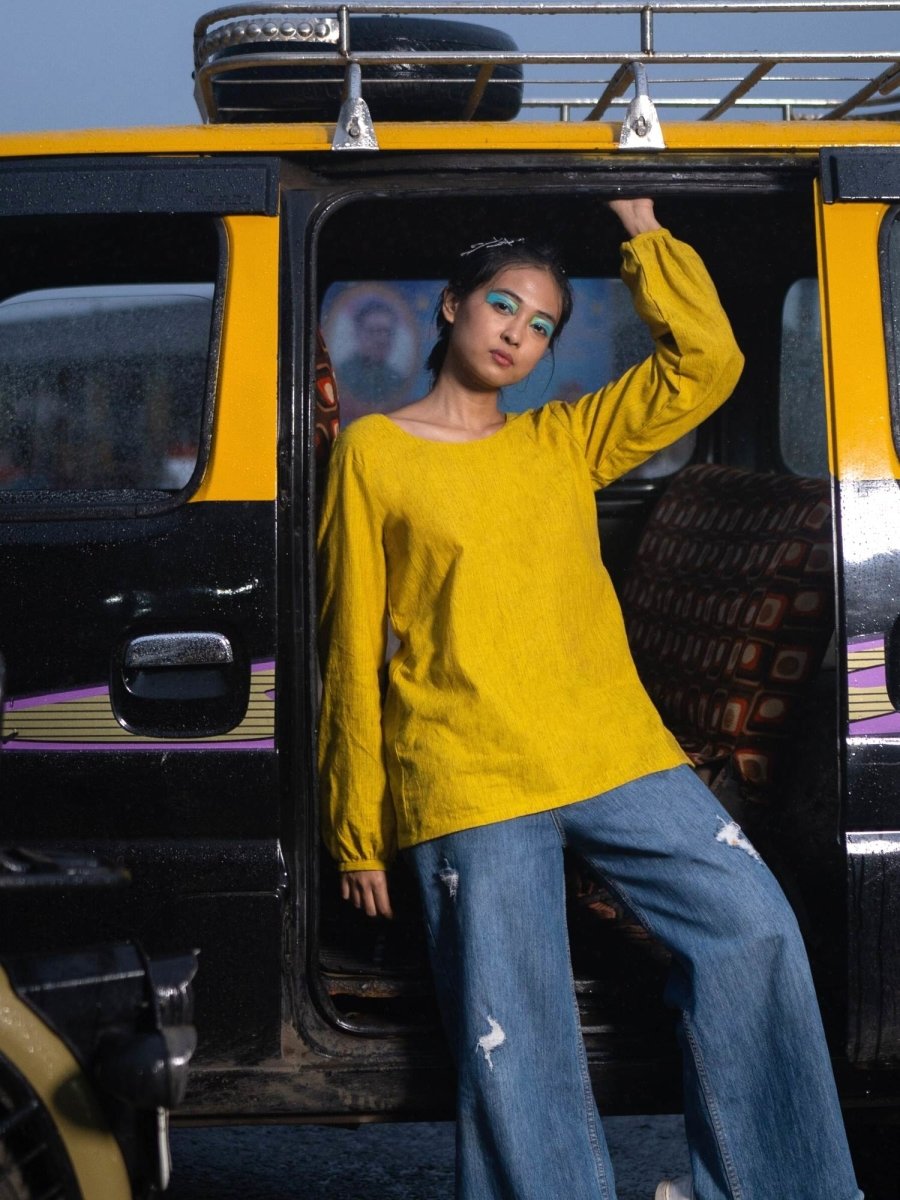 Knot Me Up | Yarn Dyed 100% Cotton | Mustard Yellow Deep Back Top with Bow – Womens Top on Brown Living™. SKU: UKU - XS. Img 4.