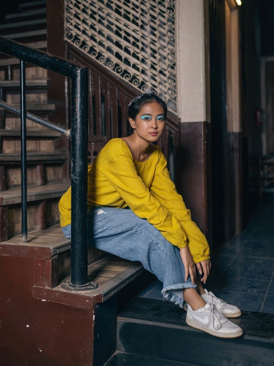 Knot Me Up | Yarn Dyed 100% Cotton | Mustard Yellow Deep Back Top with Bow – Womens Top on Brown Living™. SKU: UKU - XS. Img 8.