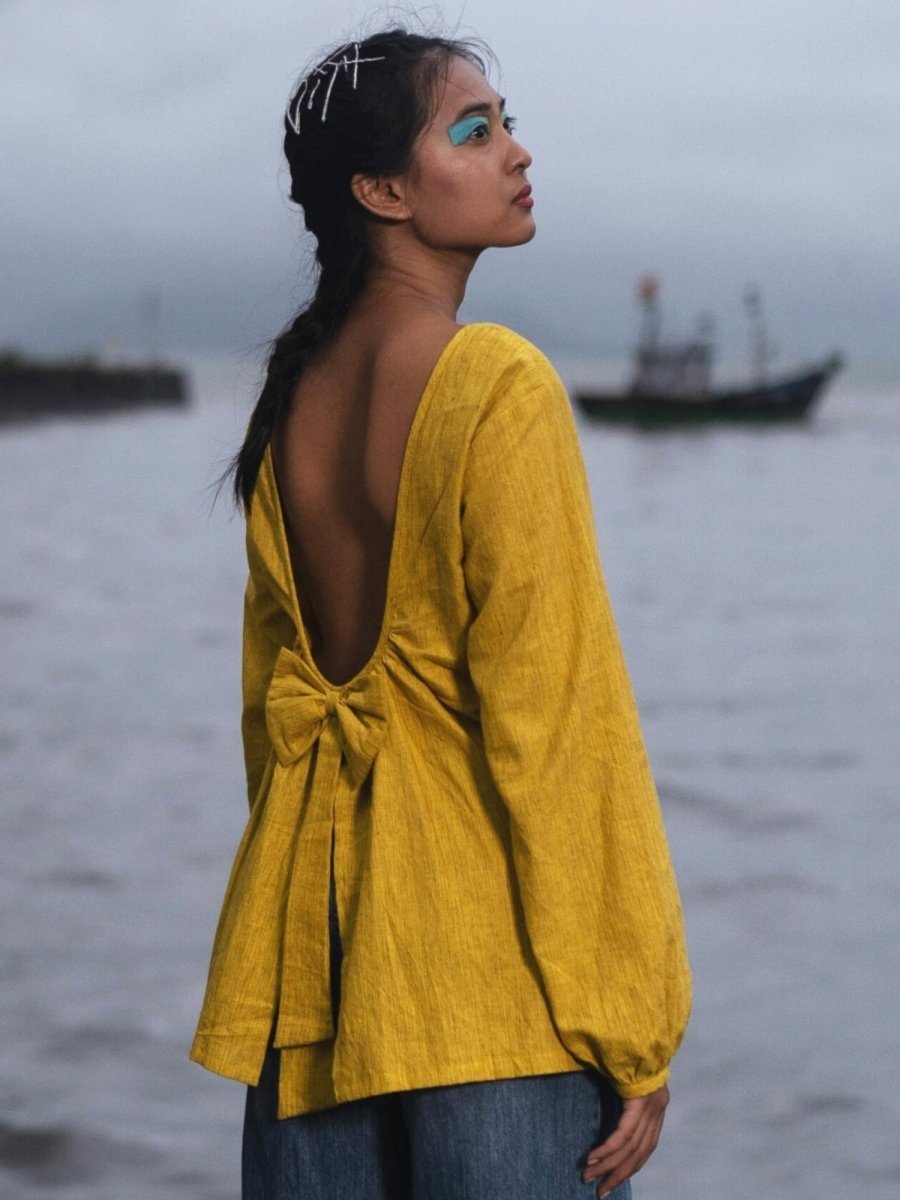 Knot Me Up | Yarn Dyed 100% Cotton | Mustard Yellow Deep Back Top with Bow – Womens Top on Brown Living™. SKU: UKU - XS. Img 3.
