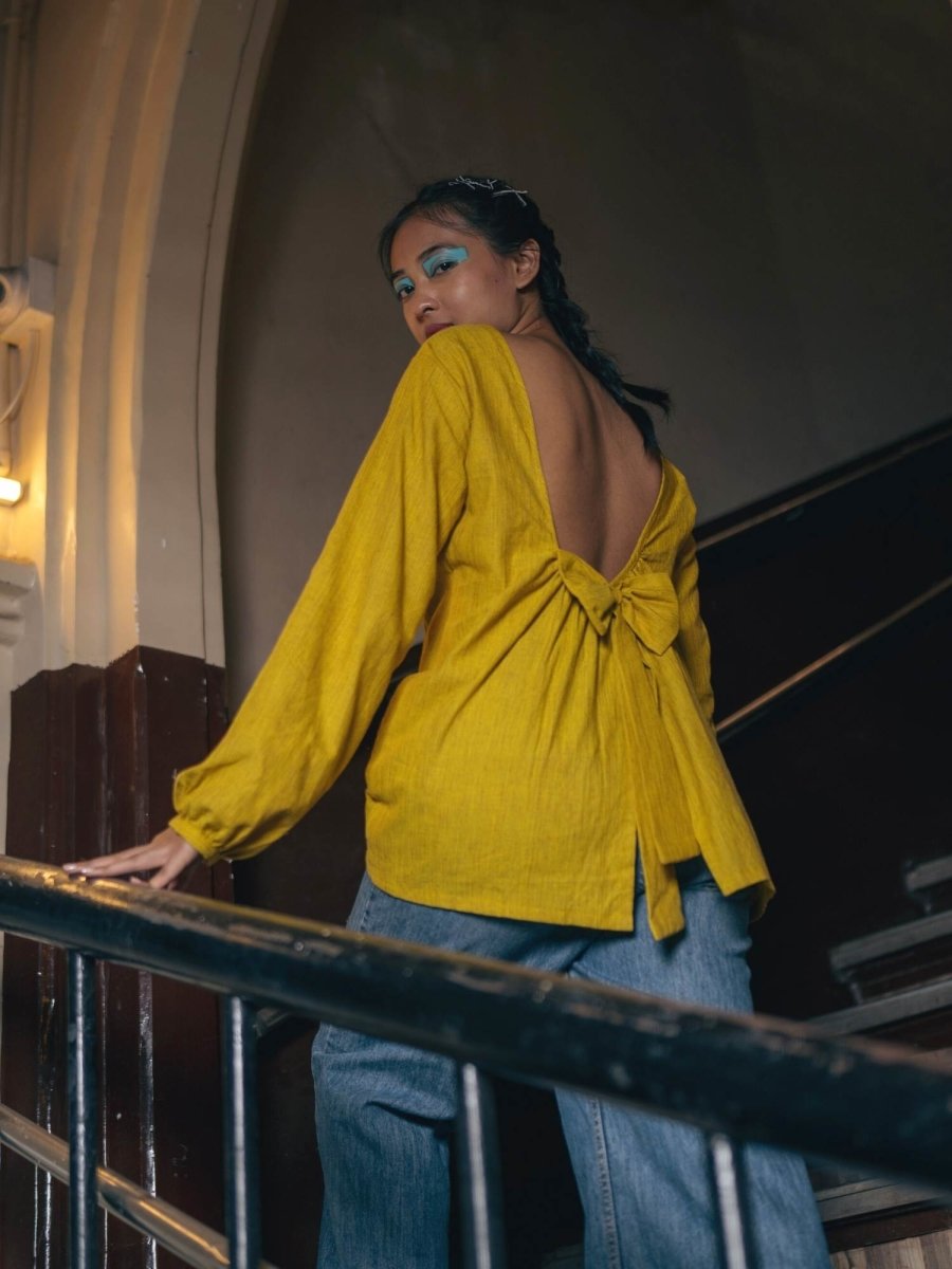 Knot Me Up | Yarn Dyed 100% Cotton | Mustard Yellow Deep Back Top with Bow – Womens Top on Brown Living™. SKU: UKU - XS. Img 6.