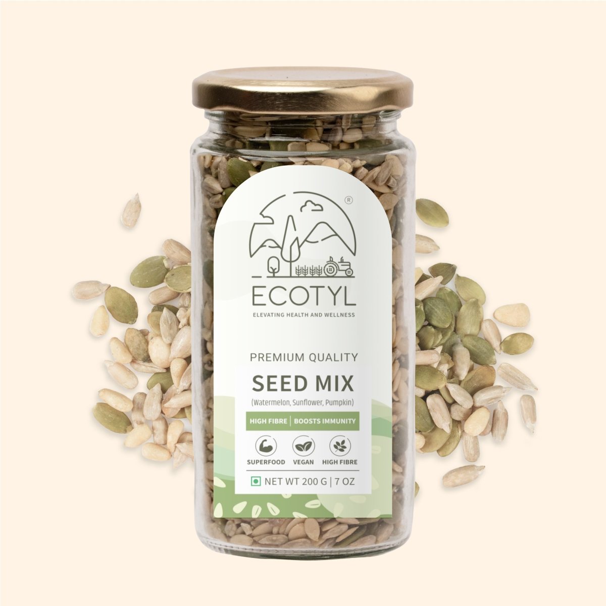 Seed Mix | Sunflower, Pumpkin, and Watermelon Seeds | Unroasted | 200g – Dried Fruits, Nuts & Seeds on Brown Living™. SKU: ESFSM0BG200. Img 1.
