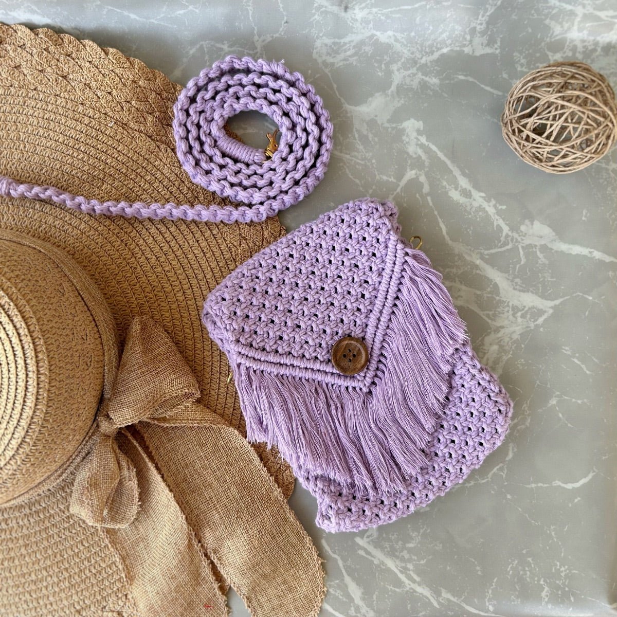 Lavender Macrame Mobile Sling Bag – Womens Handbag on Brown Living™. SKU: SAR025. Img 1.