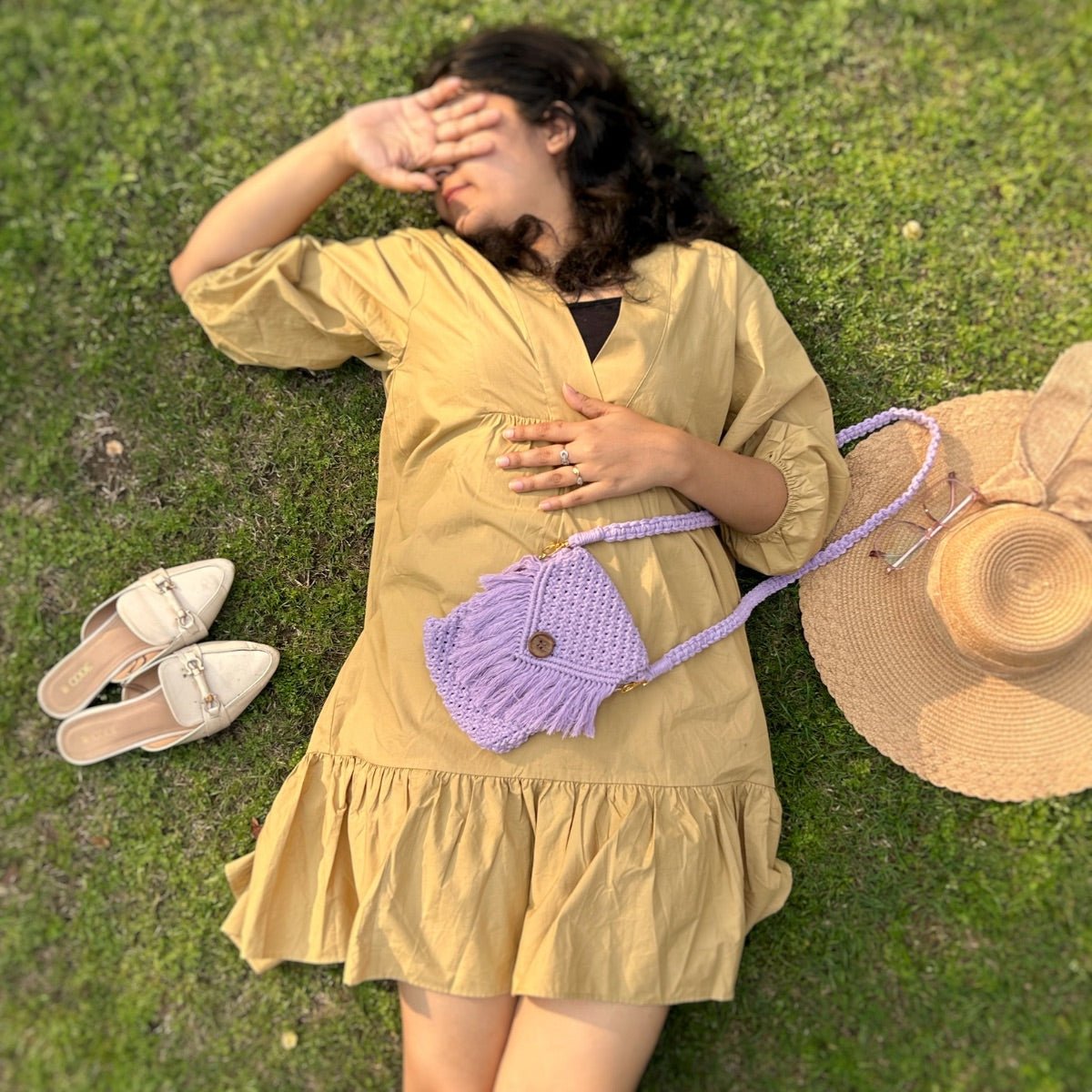 Lavender Macrame Mobile Sling Bag – Womens Handbag on Brown Living™. SKU: SAR025. Img 2.