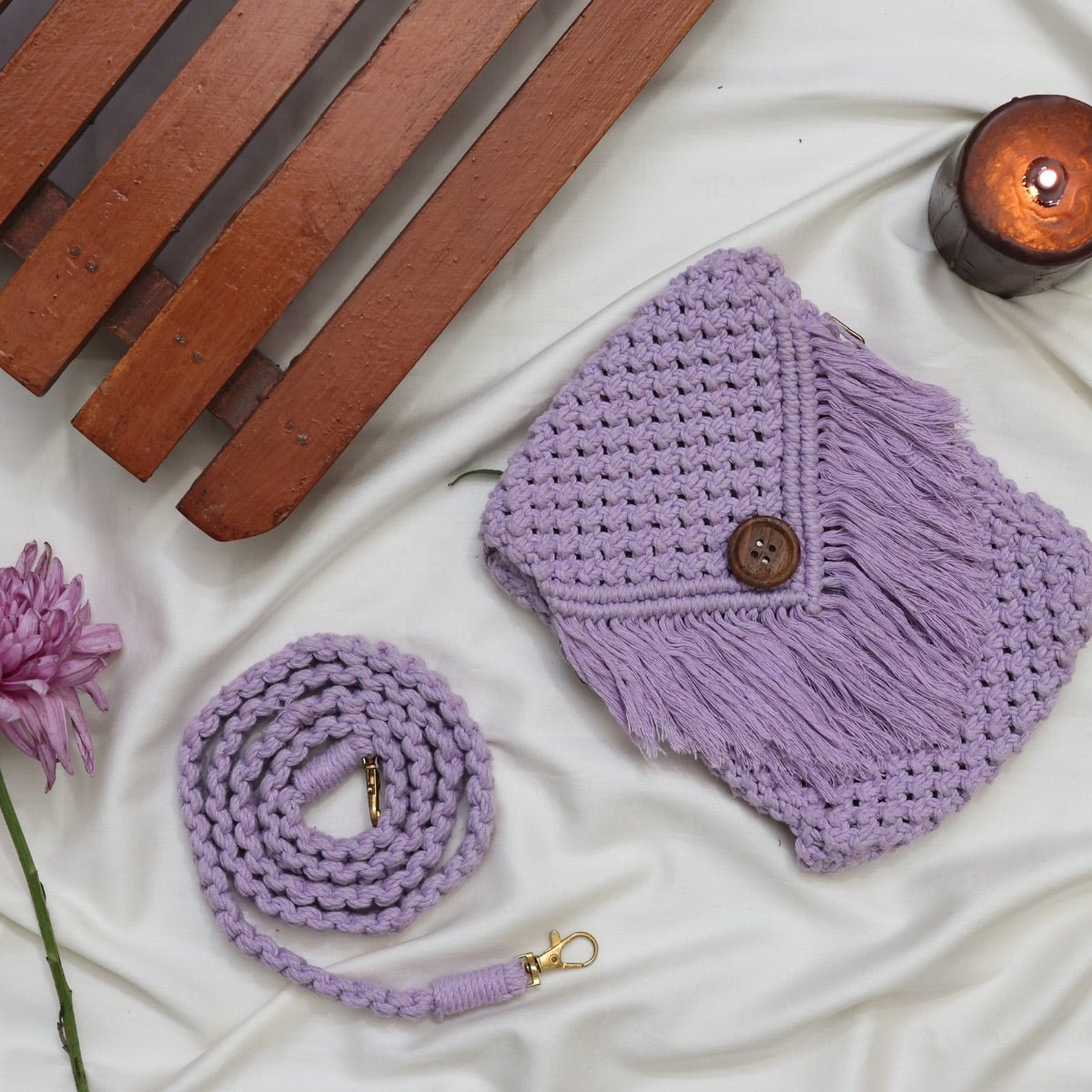 Lavender Macrame Mobile Sling Bag – Womens Handbag on Brown Living™. SKU: SAR025. Img 3.