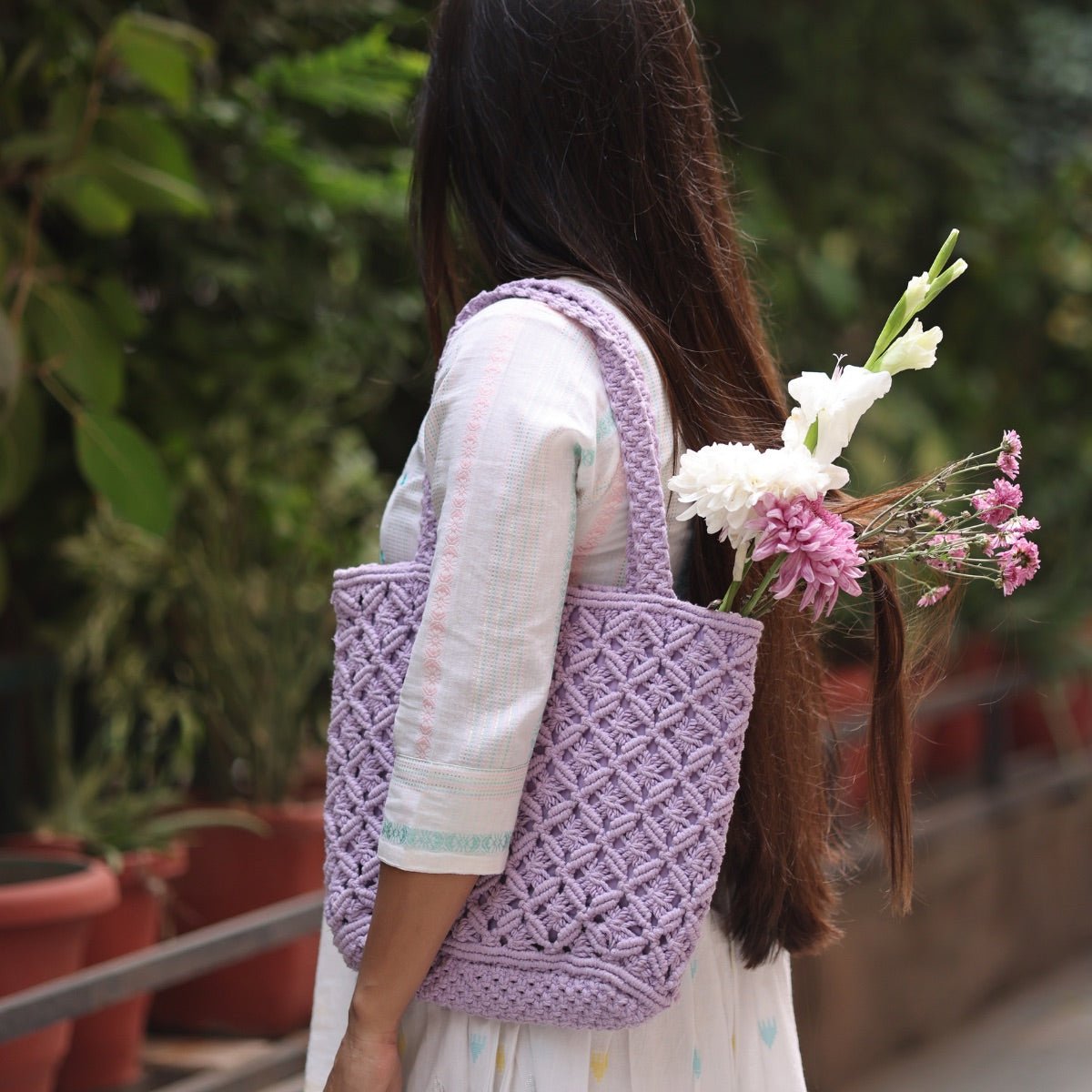 Lavender Macrame Tote Bag – Tote Bag on Brown Living™. SKU: SAR011. Img 1.