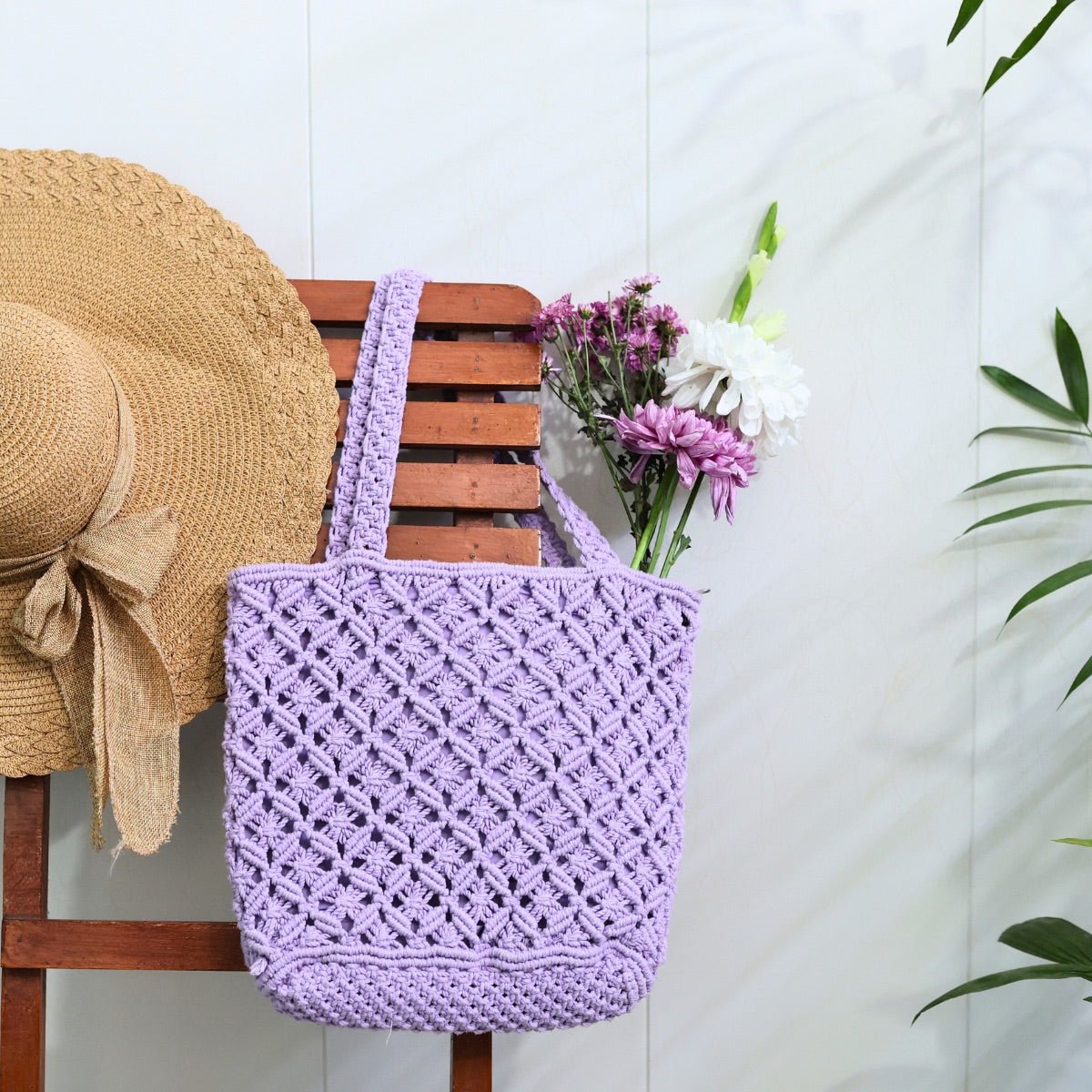 Lavender Macrame Tote Bag – Tote Bag on Brown Living™. SKU: SAR011. Img 2.