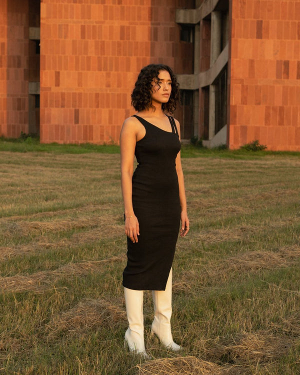 Buy Lucia Dress - Cotton Knit Asymmetrical Dress | Black | Shop Verified Sustainable Womens Dress on Brown Living™
