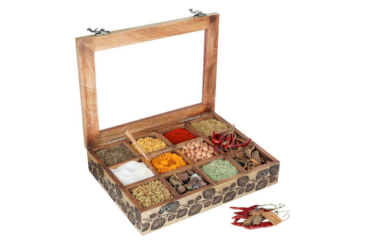 Mango Wood Table Top Masala Dabba Containers Jars (Light Black) – Kitchen Organizers on Brown Living™. SKU: 1185. Img 1.