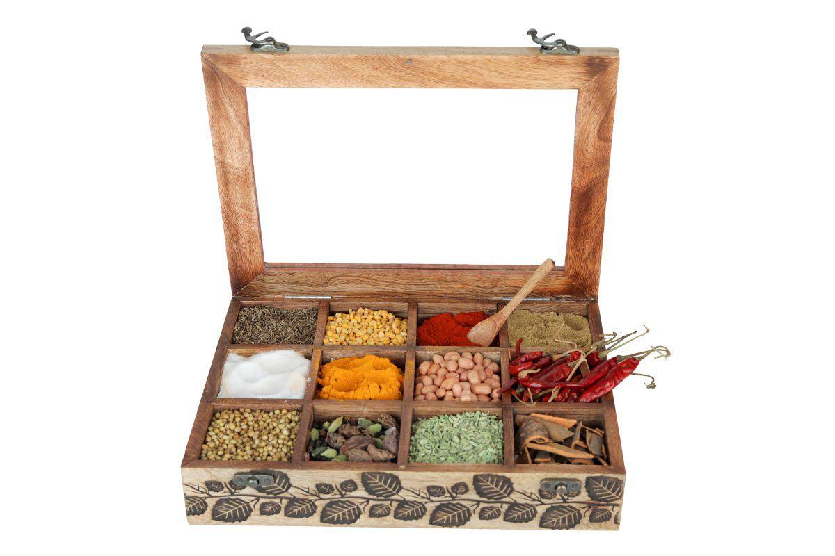 Mango Wood Table Top Masala Dabba Containers Jars (Light Black) – Kitchen Organizers on Brown Living™. SKU: 1185. Img 2.