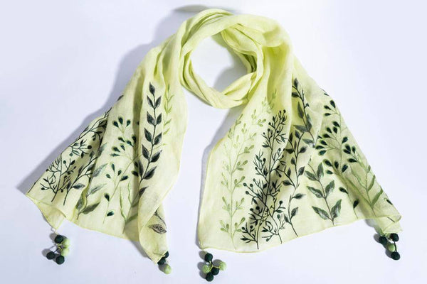 Buy Mint Green Linen Scarf With Embroidered Leaves And Corner Tassels | Shop Verified Sustainable Womens Scarf on Brown Living™