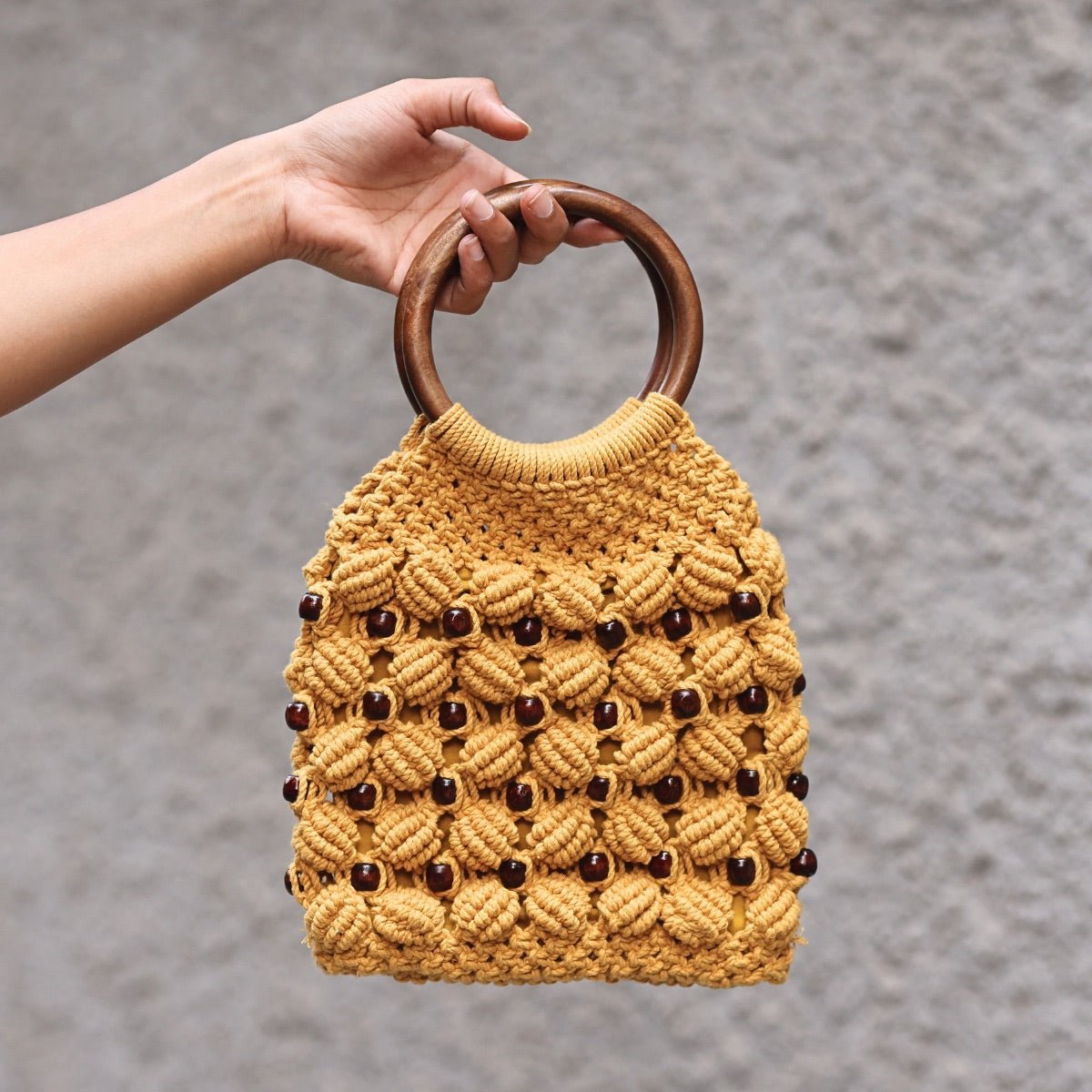 Musturd Yellow Ring Handmade Macrame Bag – Womens Handbag on Brown Living™. SKU: SAR008. Img 2.