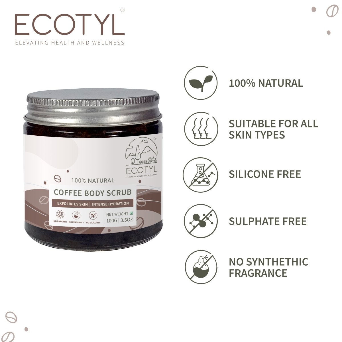 Natural Coffee Body Scrub | For Gentle Exfoliation | No Silicones & Mineral Oil | 100g – Body Scrub on Brown Living™. SKU: ECOTYL00015. Img 4.