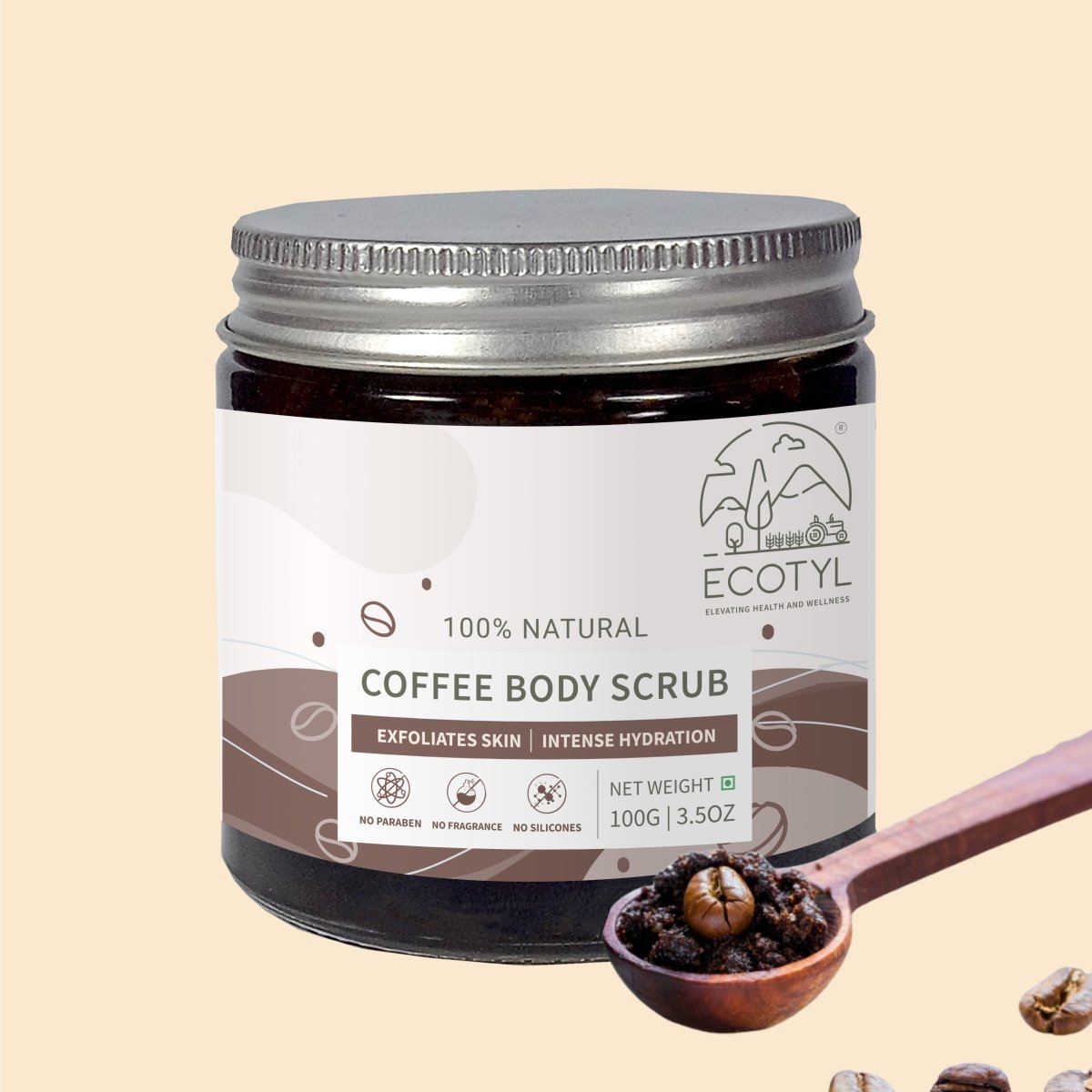 Natural Coffee Body Scrub | For Gentle Exfoliation | No Silicones & Mineral Oil | 100g – Body Scrub on Brown Living™. SKU: ECOTYL00015. Img 1.
