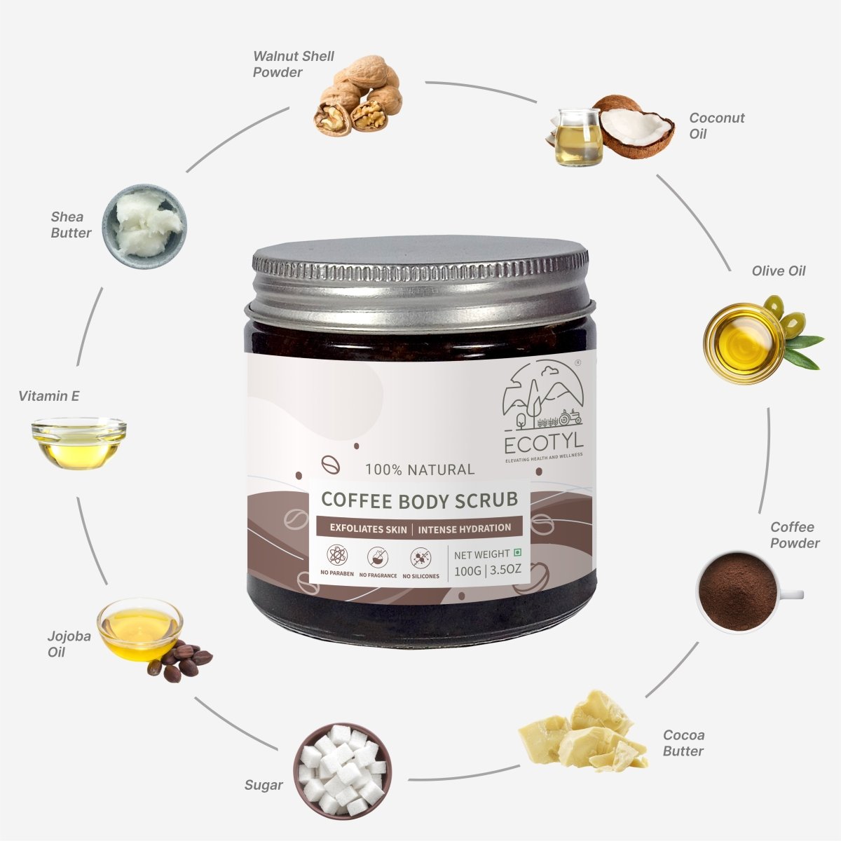 Natural Coffee Body Scrub | For Gentle Exfoliation | No Silicones & Mineral Oil | 100g – Body Scrub on Brown Living™. SKU: ECOTYL00015. Img 2.