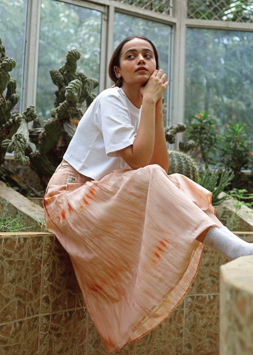 Naturally Dyed Sunset Shibori Skirt – Womens Skirt on Brown Living™. SKU: SOMETHING - SOS02 - M. Img 1.