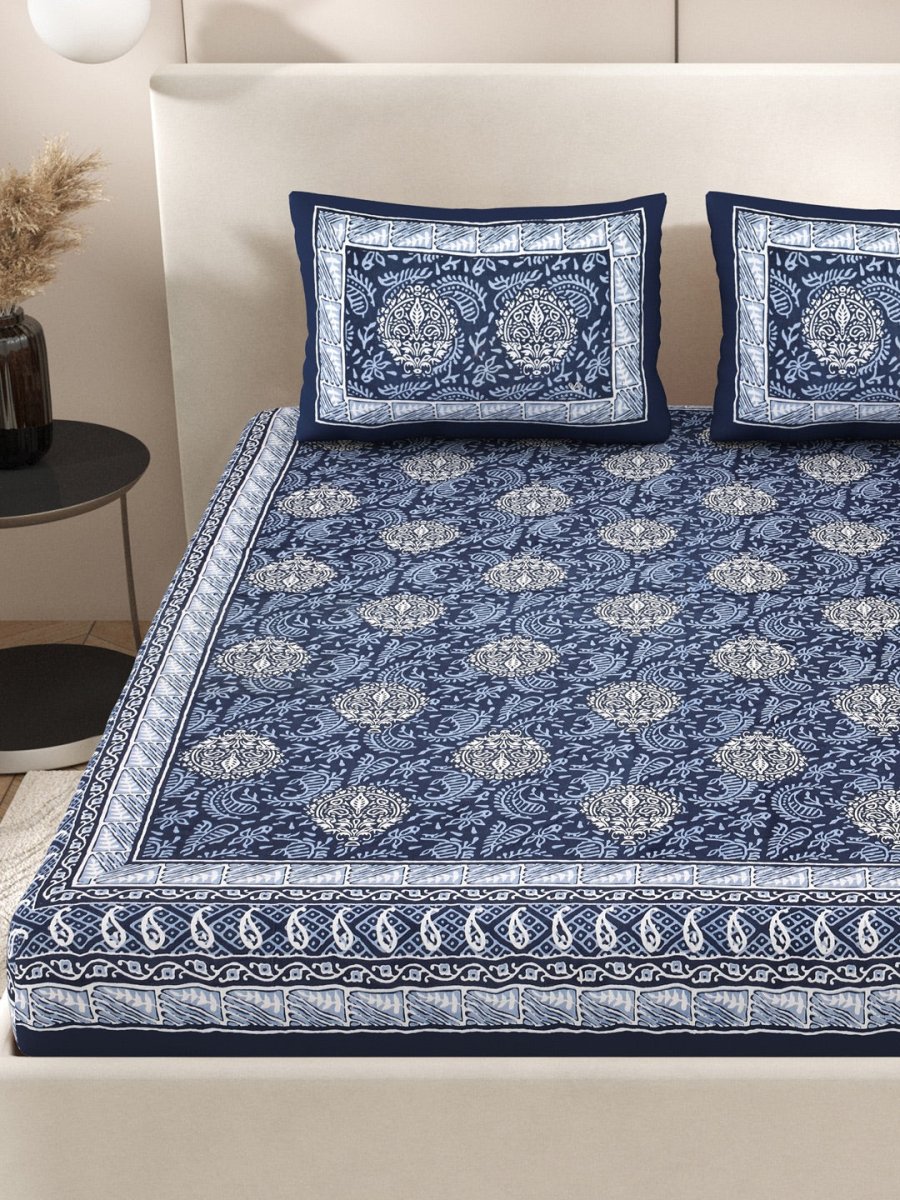 Navy Interiors Hand Block Printed Cotton Queen Size Bedding Set | Verified Sustainable by Brown Living™