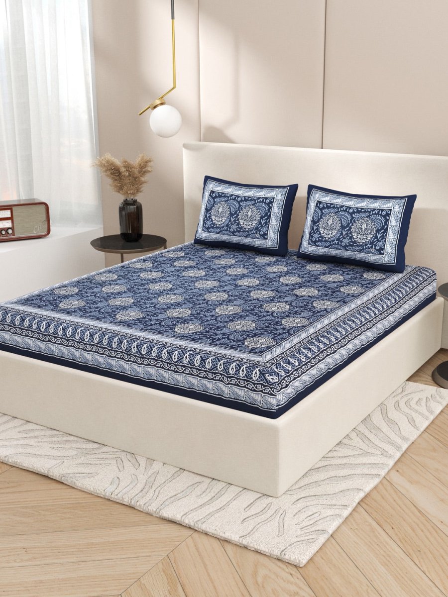Navy Interiors Hand Block Printed Cotton Queen Size Bedding Set | Verified Sustainable by Brown Living™