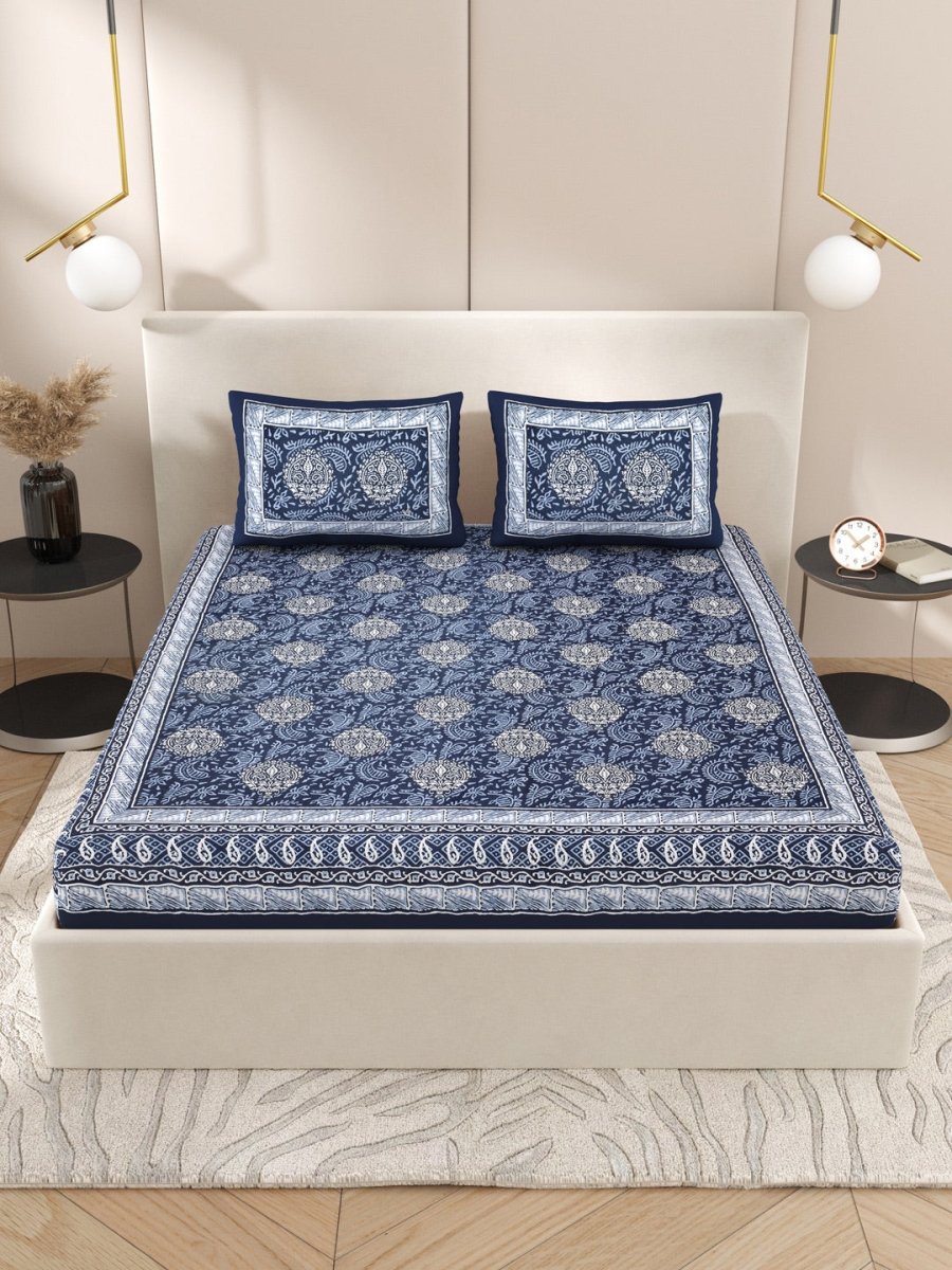 Navy Interiors Hand Block Printed Cotton Queen Size Bedding Set | Verified Sustainable by Brown Living™