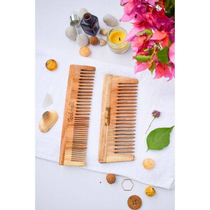 Neem wood Comb Pack of 2 | 1 Detangle comb & 1 Dual Tooth | Verified Sustainable by Brown Living™