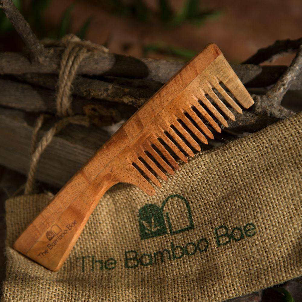 Neem Wood Comb with Handle | Promotes Hair Growth | Handmade – Hair Comb on Brown Living™. SKU: TBB - 51. Img 1.