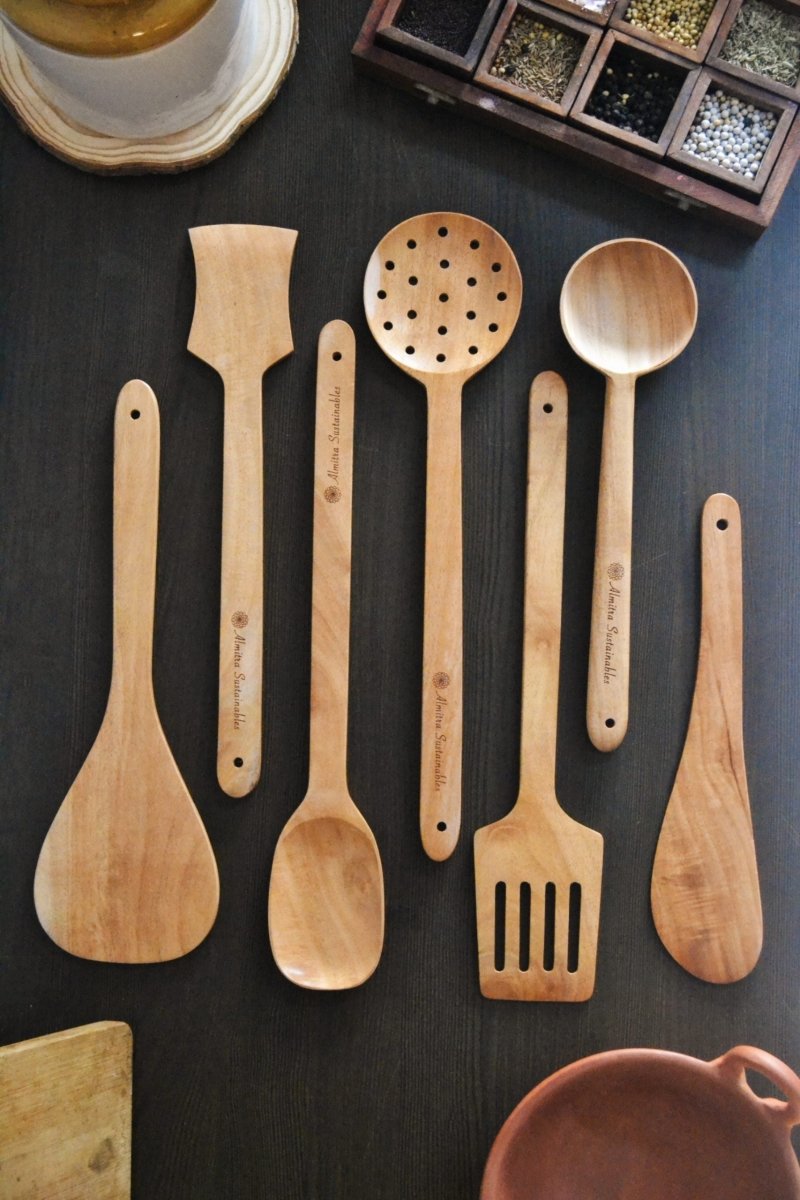 Neem Wood Kitchen Ladle Set (Set of 7) – Kitchen Tools on Brown Living™. SKU: AS - NWKL - 007. Img 1.
