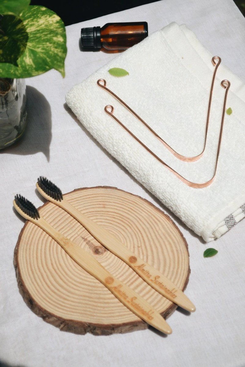 Oral Care Set - Charcoal Bamboo Toothbrush and Copper Tongue Cleaner - Pack of 2 – Tooth Brush on Brown Living™. SKU: 076 - 02920 - AS - CTCT - 004. Img 1.