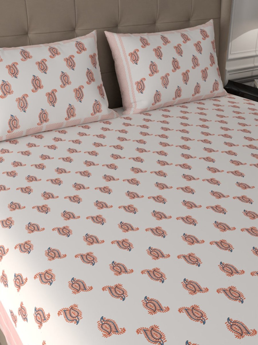 Orange Elegant Hand Block Paisley Print Cotton Super King Size Bedding Set | Verified Sustainable by Brown Living™